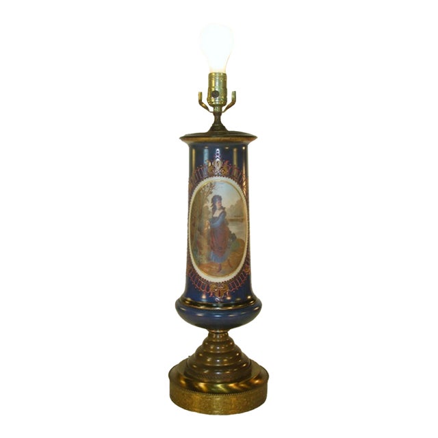 Late 19th Century Table Lamp French Maiden River Bristol Glass Vase Hand Painted Enameled Brass For Sale
