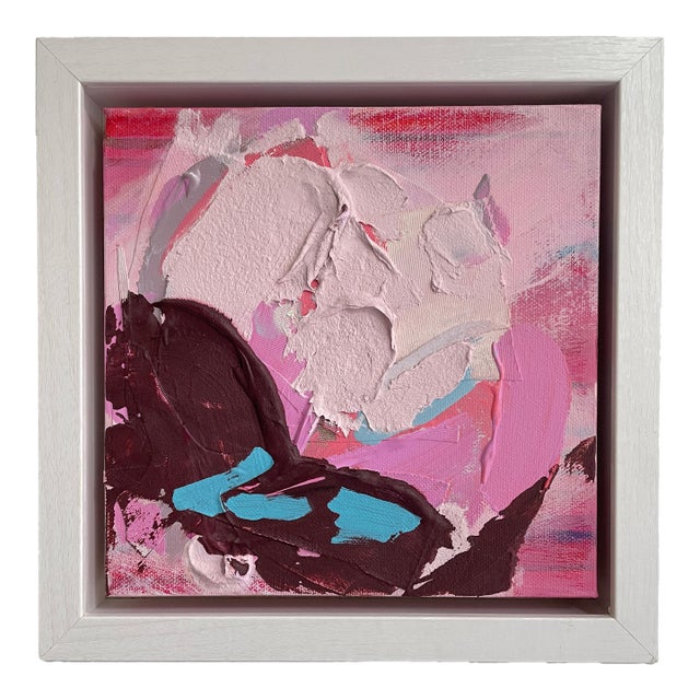 Colorful Pink and Turquoise Mini Textured Abstract Painting in Shadow Box Frame – Modern Bookshelf Art Decor For Sale