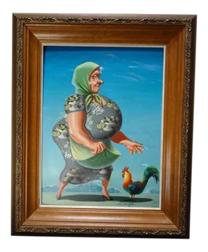 Vintage Mid-Century Irv Wyner the Farmer’s Wife and Her Rooster Pal Painting