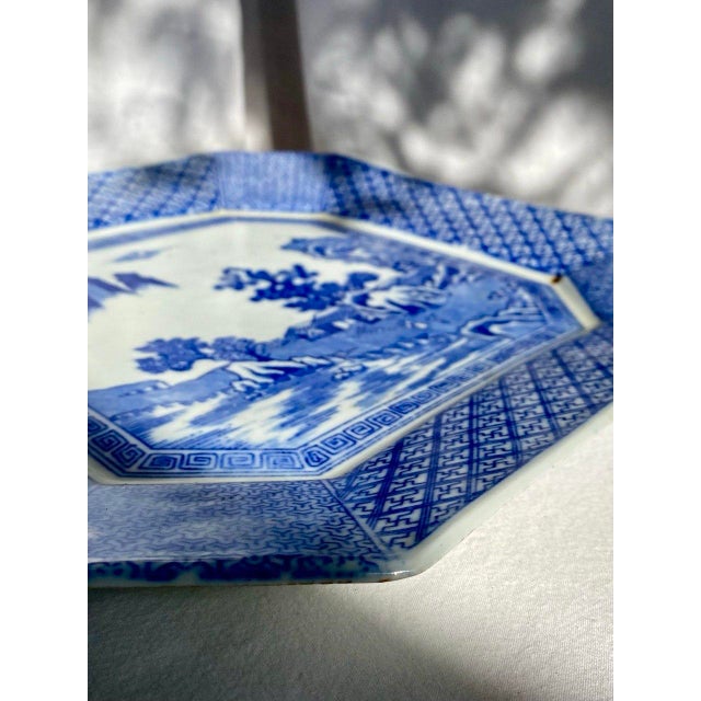 Ceramic Early 20th Century Late Qing Chinese Blue & White Octagonal Landscape Serving Plate For Sale - Image 7 of 16