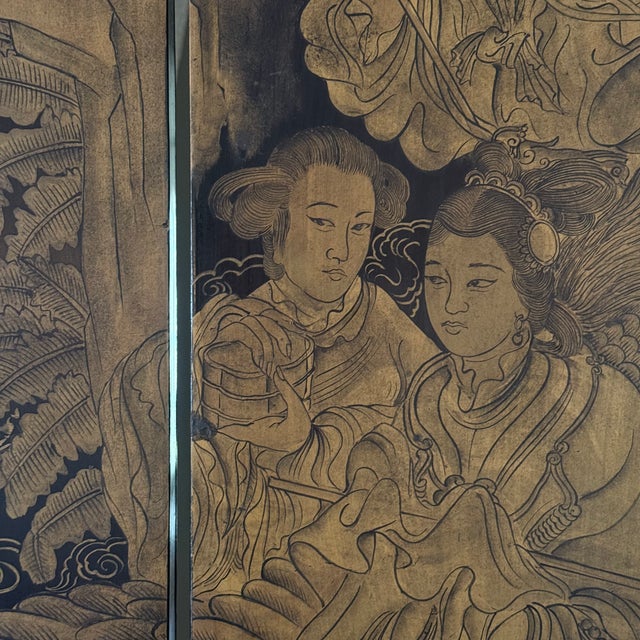 Late 19th Century Monumental Antique Chinese Coromandel Style Qing Lacquer Four-Panel Screen For Sale - Image 5 of 11