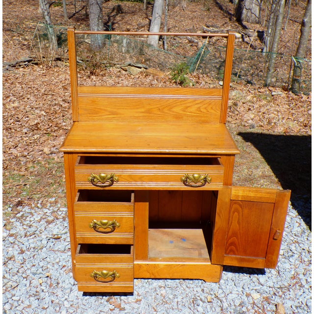 Brown Antique Solid Oak Chest Commode Washstand W/ Towel Bar Country Farmhouse Cabinet For Sale - Image 8 of 18