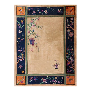 1920s Beige Open Field Vase Antique Chinese Art Deco Carpet 9' X 11'6" Knotted Wool Rug For Sale