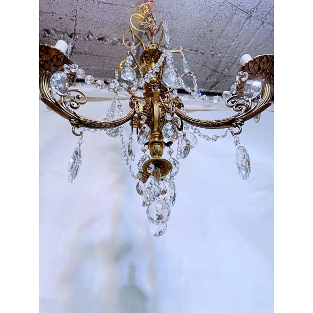 1930s Vintage Brass Chandelier With Crystals For Sale - Image 9 of 13