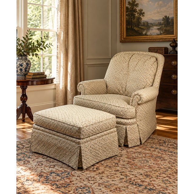 This vintage upholstered rocking club chair and matching ottoman by Jessica Charles combine comfort, style, and quality...