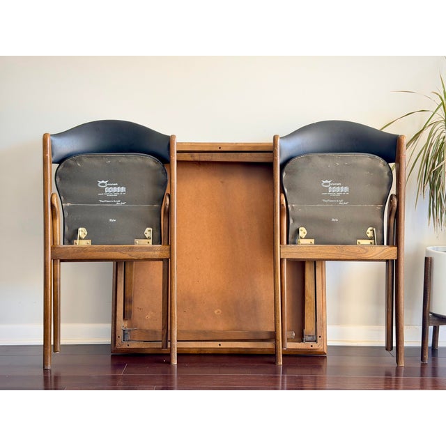 Mid-Century 1960s Coronet “Wonderfold” Walnut Table & Pair of Folding Chairs Set With Black Vinyl for Poker Game or Breakfast Nook For Sale - Image 10 of 12