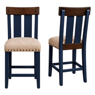 Late 20th Century Set of 2 Counter Height Stools – Deep Navy Blue Finish With Upholstered Seats & Nailhead Trim For Sale