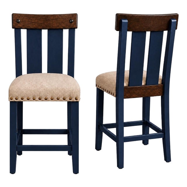 Late 20th Century Set of 2 Counter Height Stools – Deep Navy Blue Finish With Upholstered Seats & Nailhead Trim For Sale