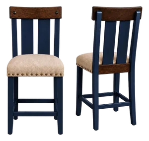 Late 20th Century Set of 2 Counter Height Stools – Deep Navy Blue Finish With Upholstered Seats & Nailhead Trim