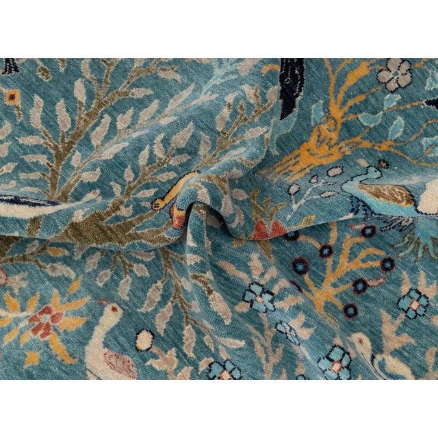 Blue Peacock Birds Garden Scene Soft Hand Knotted Hand Spun Wool Rug 9x12Ft. For Sale - Image 18 of 18