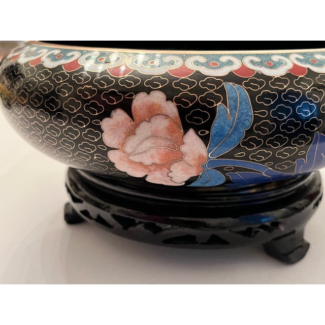 Black Chinese Cloisonné Black Enamel Bowl, Flowers and Birds, 8” With Stand For Sale - Image 8 of 12