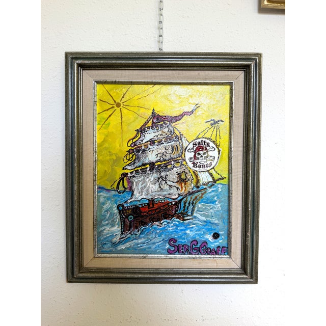 Pirate Ship of Destiny by Serg Graff, Original Acrylic Painting on Canvas, Whimsical Nautical Pirate Ship Framed Art...
