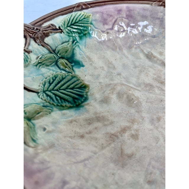 Ceramic Antique French Majolica Hand Painted Double Handle Plate For Sale - Image 7 of 12