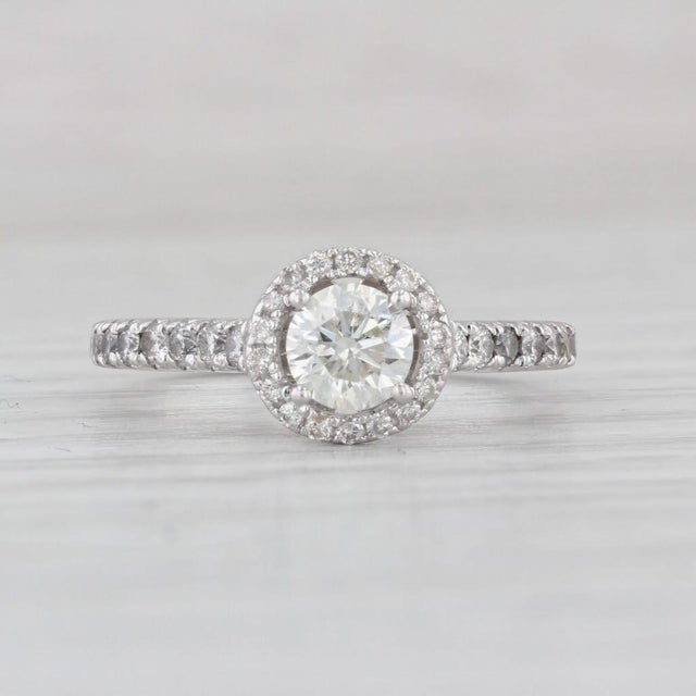 Metal 0.90ctw Round Diamond Halo Engagement Ring 14k White Gold Sz 5.75 Cathedral Band For Sale - Image 7 of 8