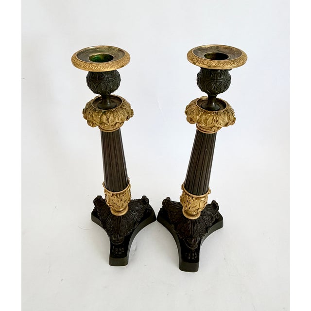 19th C French Charles X Gilt & Patinated Bronze Candlesticks - A Pair For Sale - Image 11 of 14