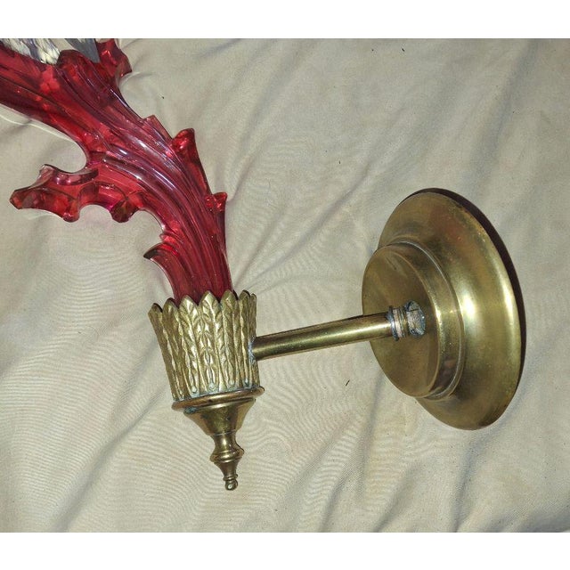 19th Century French Art Nouveau Red Art Glass/ Crystal Gilt Bronze Candle Wall Sconces Attrib. Baccarat True Left and Right Form For Sale - Image 13 of 18