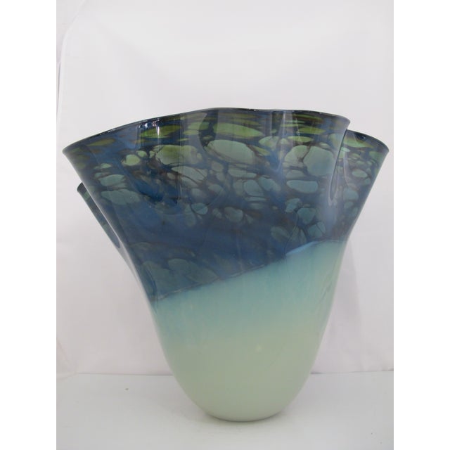 Blue Tim Chilina Oregon Hand Blown Mottled Blue Green Ruffled Studio Art Glass Vase For Sale - Image 8 of 11