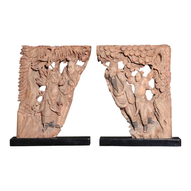 Antique Qing Dynasty Hand-Carved Wood Temple Corbels, 19th Century - a Pair For Sale