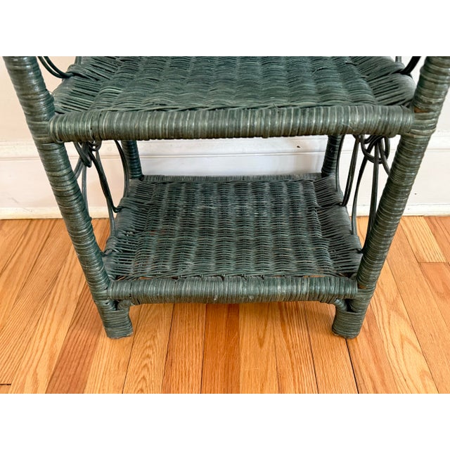 Wood Vintage Green Wicker Shelf With Four Tiers For Sale - Image 7 of 10