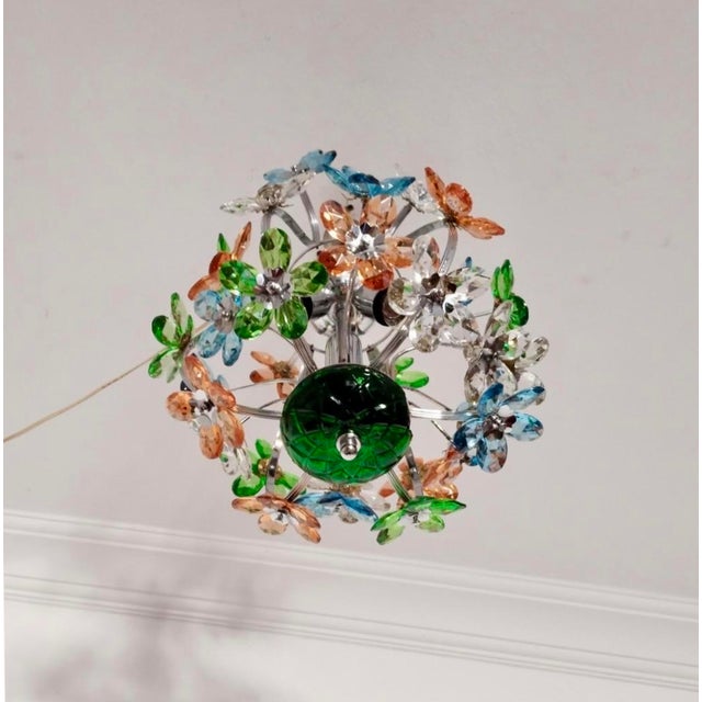 Metal 1960s Italian Style Hand-Painted Crystal Flower Globe Chandelier, 3-Light For Sale - Image 7 of 9