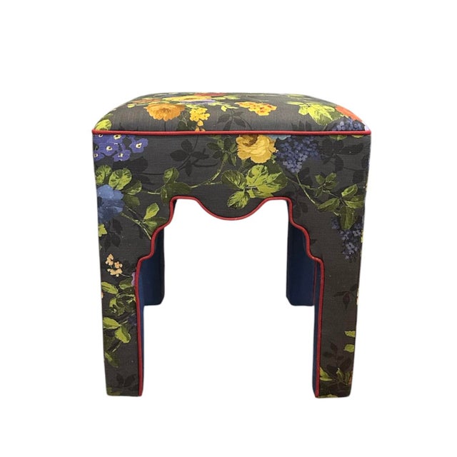Shabby Chic Mackenzie Childs Covent Garden Upholstered Ottoman / Parsons Stool / Vanity Chair For Sale - Image 3 of 12