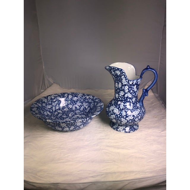 Early 21st Century Vintage Victorian Pitcher and Wash Basin Blue and White Flowers Ironstone Set For Sale - Image 5 of 6