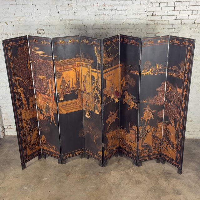 Chinese 8 Panel Black Coromandel Folding Screen W/Gilded & Hand Painted Intaglio Designs For Sale - Image 15 of 18