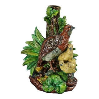 Hugo Lonitz Majolica Partridge and Chicks Candelabra Base For Sale