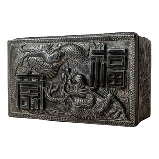 Vintage Japanese Silver-Plated Box with Dragon Motif and Wood Inlay, Early 19th Century For Sale
