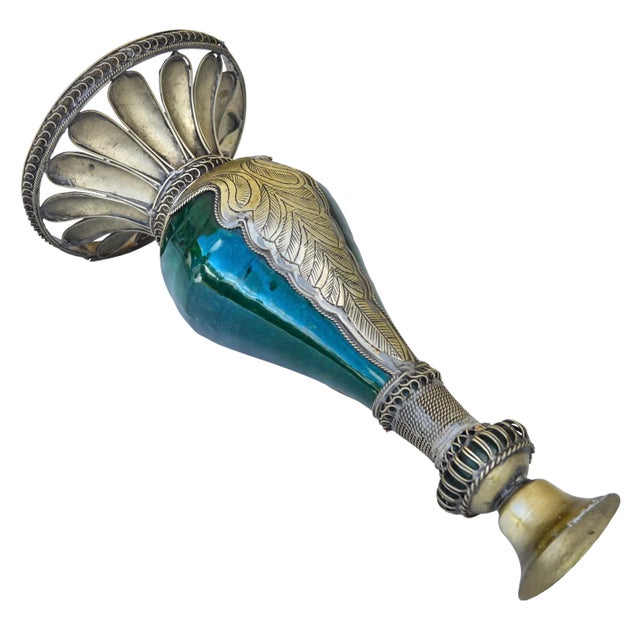 Metal Mid 20th Century Moroccan Green Ceramic Candleholder With Engravings For Sale - Image 7 of 8