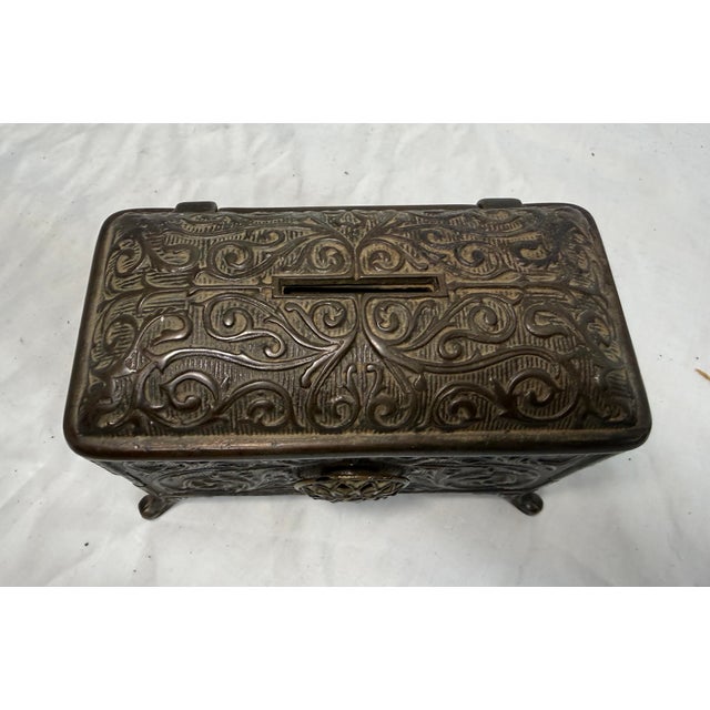 Traditional Rare Antique Ornate 1890 Cast Iron Jewel Chest (Coffin Bank) by Hart Co. Usa For Sale - Image 3 of 15