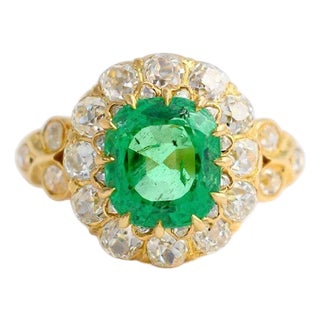 Antique Natural Emerald & Diamond Double Halo Cocktail Ring — Victorian Era, Size 6.5 For Sale