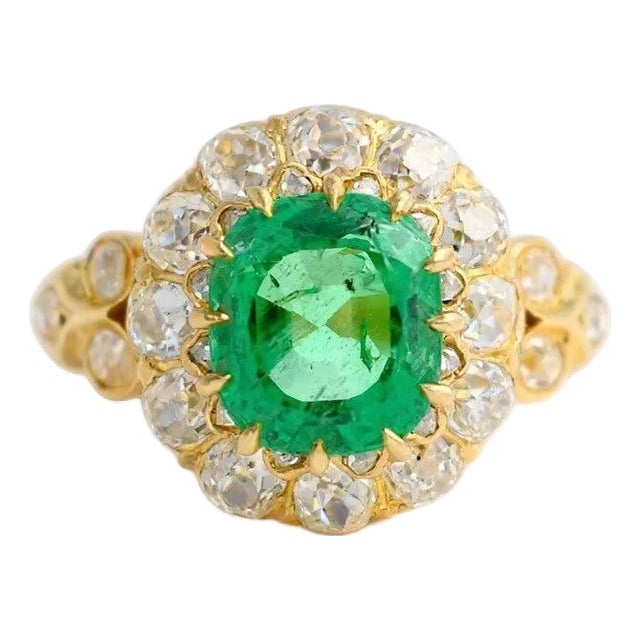 Antique Natural Emerald & Diamond Double Halo Cocktail Ring — Victorian Era, Size 6.5 For Sale