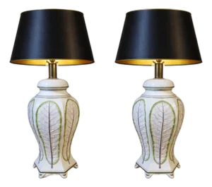Pair of Mid-20th Century Raymor Italian Majolica Trompe-L’Oeil Leaf Ceramic Lamps