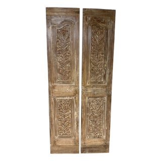 Antique-Style Carved Wood Door Panels, Pair – Narrow Arched Floral Motif 80x36 For Sale