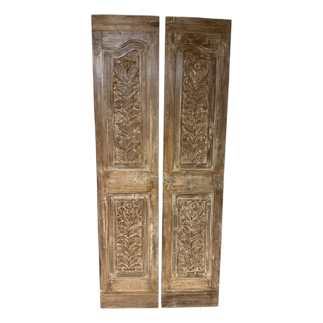 Antique-Style Carved Wood Door Panels, Pair – Narrow Arched Floral Motif 80x36 For Sale