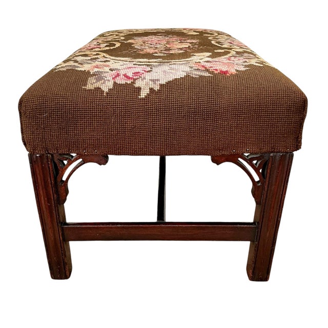 Traditional Early 20th Century Antique Mahogany Footstool Upholstered in Needlepoint For Sale - Image 3 of 12