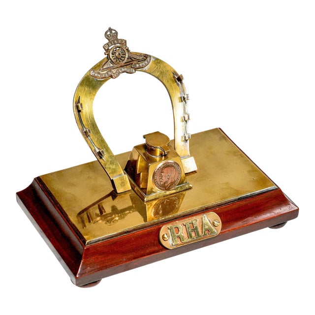 Rare World War I Royal Horse Artillery Rha Antique Custom Desk Military Inkwell Inkstand Horseshoe Pen Stand Militaria Collectible For Sale