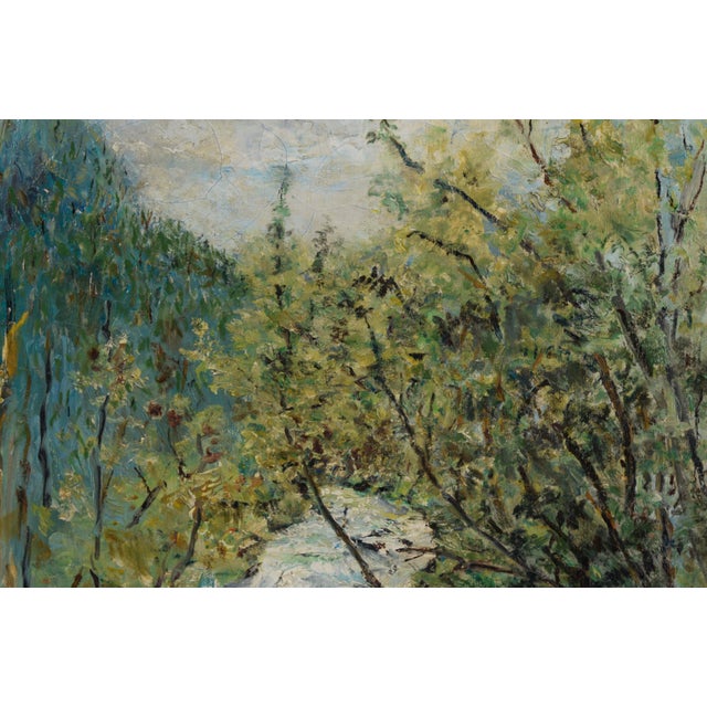 A Quiet River - Oil on Canvas Oil painting depicting a river flowing through a grove of trees. Vibrant green trees...