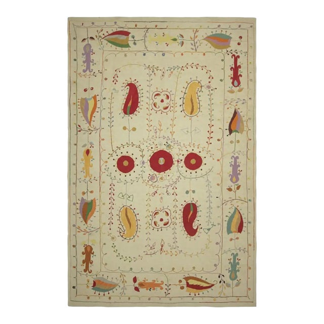 Rug & Kilim’s Suzani Style Kilim in Cream With Polychrome Paisleys and Florals For Sale