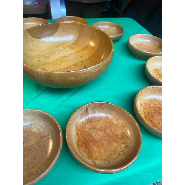 Tan 1970s Collection of Stamped Sterling Silver Pedestal Wooden Bowl With Serving Dishes - Set of 12 For Sale - Image 8 of 12