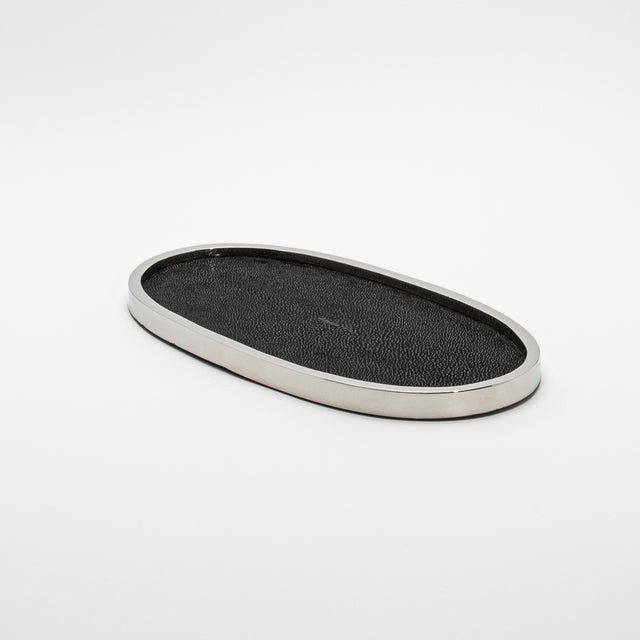 Oval Tray in Black Shagreen With Polished Stainless Steel by Kifu Paris For Sale In Los Angeles - Image 6 of 8