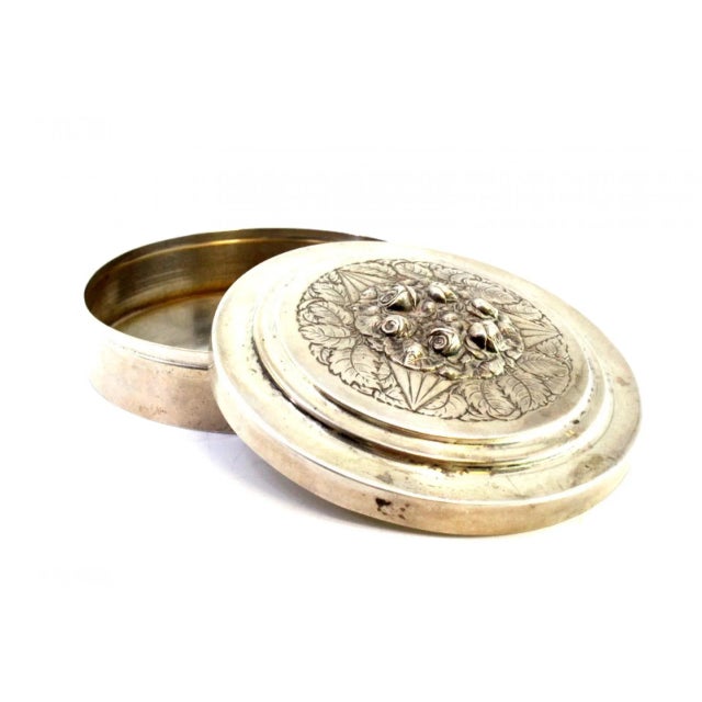 Circular Box in Rosewood with Garland, Silver Filigree Applications and Flower Enamel Application, in Very Good...