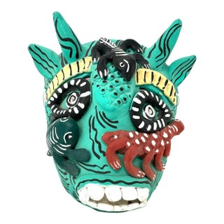 Turquoise-Colored Clay Devil Mask From Ocumicho, Michoacán, Mexico - 8" H X 7" W X 4" D For Sale