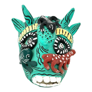 Turquoise-Colored Clay Devil Mask From Ocumicho, Michoacán, Mexico - 8" H X 7" W X 4" D
