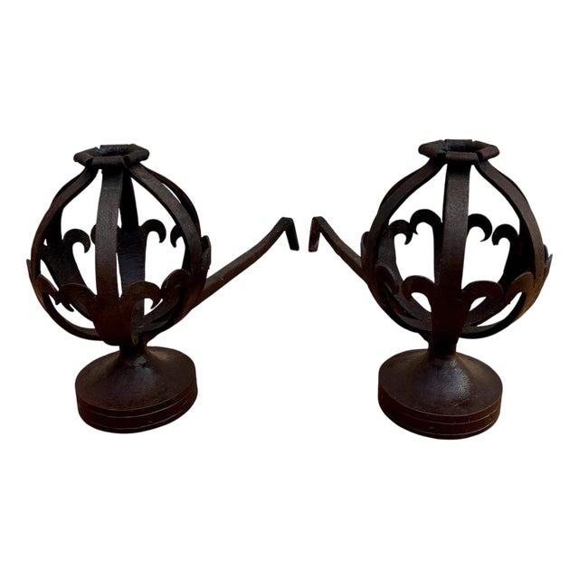Pair of Spanish Forged-Iron Basket Andirons, circa 1900 For Sale