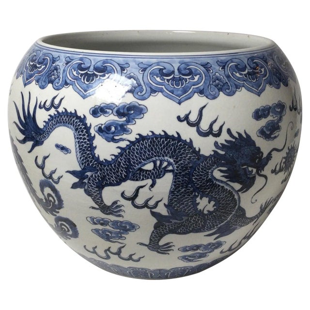 Early 20th Century Chinese Blue & White Porcelain Dragon & Phoenix Bird Jardinière Planter For Sale - Image 9 of 9