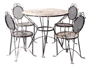 Mid-Century Wrought Iron Patio Set Table and Four Chairs