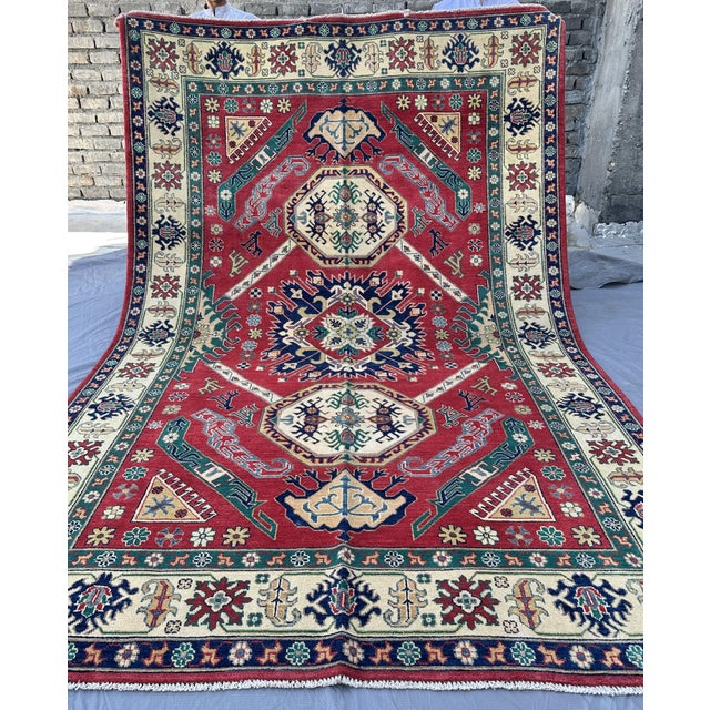 Tribal Red Karachov Kazak Hand-Knotted Wool Rug - 9'6" X 10'4" For Sale - Image 3 of 12