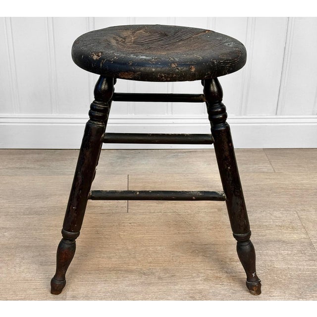 Antique Primitive Farmhouse Black Wood Round Milking Stool For Sale - Image 4 of 9